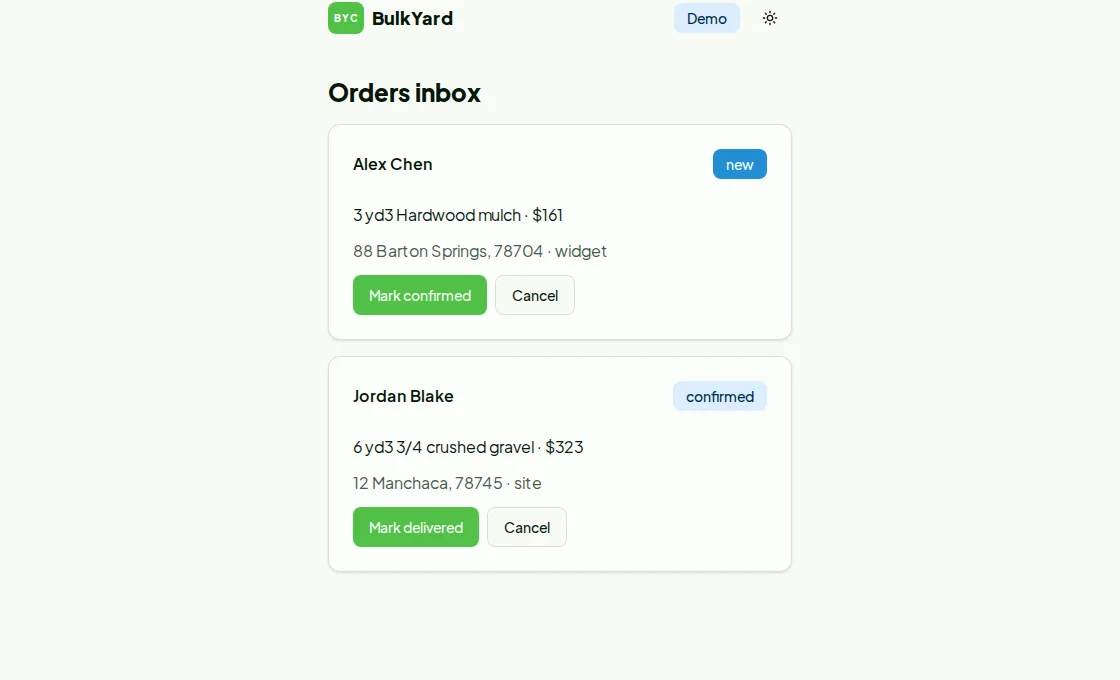 BulkYardCalc yard app orders inbox dashboard